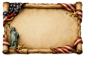Vintage 4th of July Scroll Frame with Statue of Liberty and Patriotic Ribbons