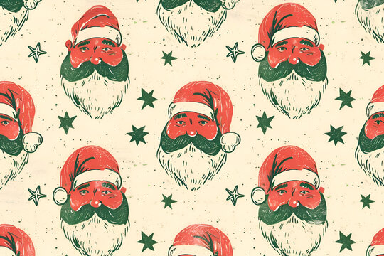 Vintage santa claus pattern: retro holiday design with stars and bearded faces