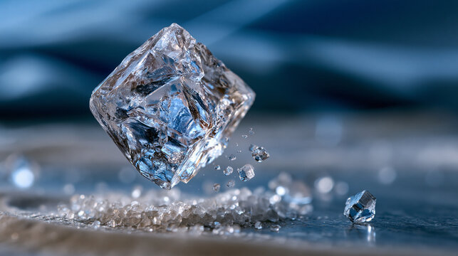 Crystalline sodium chloride pinch suspended mid-fall above smooth gypsum surface, individual cubic halite crystals refracting sidelight, macro mineral detail, culinary ingredient isolated in diffuse