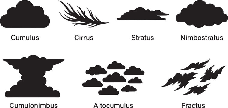 Illustrated guide showing seven types of clouds: cumulus, cirrus, stratus, nimbostratus, cumulonimbus, altocumulus, fractus