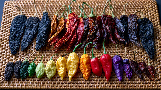 Dried chilli variety flat lay Capsicum annuum collection arranged by size across woven rush mat surface, Carolina reaper pasilla ancho chipotle guajillo taxonomy botanical specimen study, culinary i