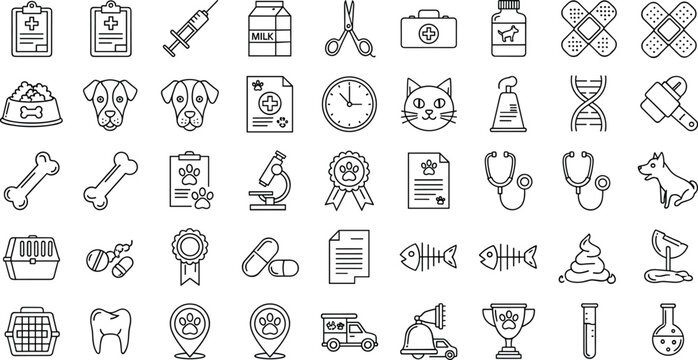 Veterinary and pet care line icons set with dog cat stethoscope syringe medicine bandage carrier food bowl and animal clinic hospital medical symbols.