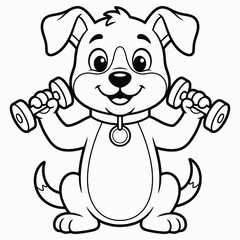 Obraz premium A black and white line art illustration of a happy puppy lifting dumbbells.