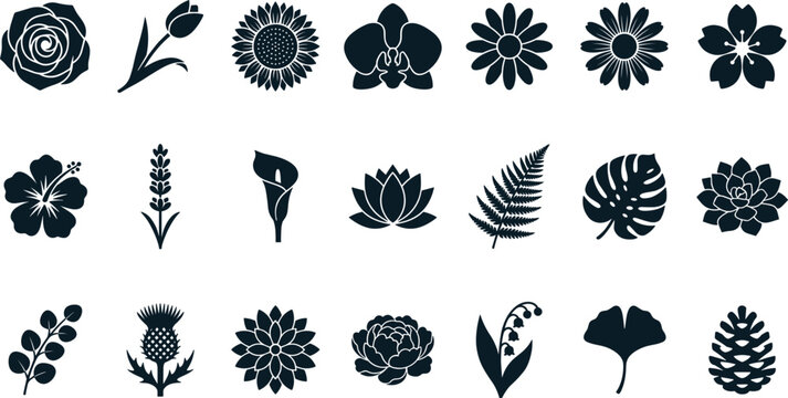 Botanical flower and leaf silhouette collection with floral elements, tropical foliage, and decorative nature vector design set