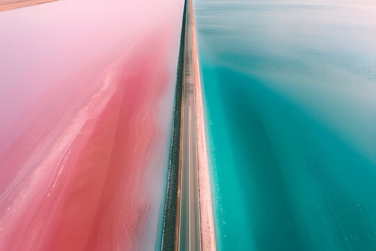 Stunning aerial view of vibrant pink and blue salt lake with long dividing line