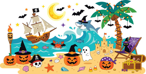 Naklejka premium Halloween beach scene features a pirate ship and carved pumpkins on the shore.