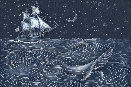 Sailing ship and whale under starry night sky with crescent moon