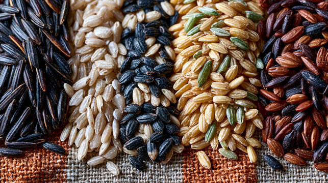 Heritage grain rice varieties arranged in parallel rows on raw linen flat lay, jasmine arborio and forbidden rice kernels compared at macro level, agricultural taxonomy reference for whole food pack
