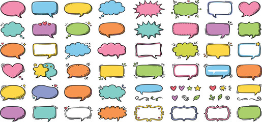 Colorful Speech Bubble Vector Element Set with Pastel Comic Chat Boxes Blank Dialogue Clouds Hearts and Decorative Message Frame Graphic Illustrations © MstMinara