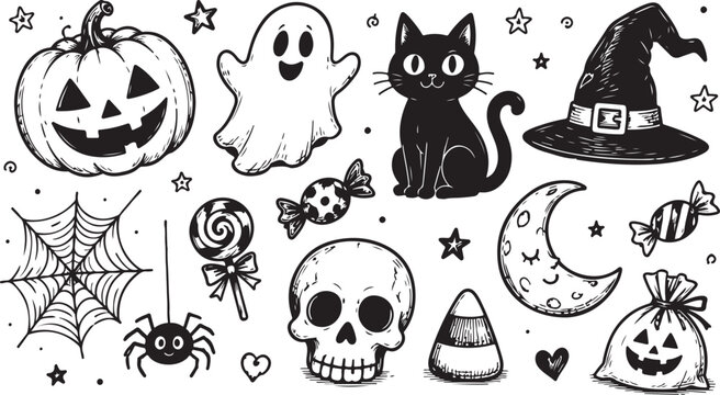 Set of cute hand drawn halloween icons with pumpkin ghost cat and witch hat