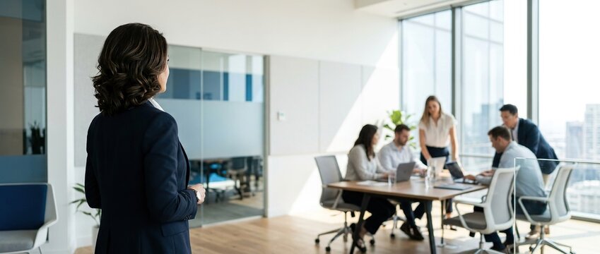 Professional business meeting LED by a female manager in a modern corporate office, executive leadership discussion.