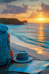 Fototapeta premium A backpack, hat, and map sit on a wooden deck overlooking the ocean, perfect for planning a beach trip or outdoor adventure