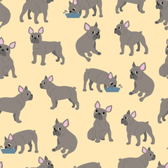 Fototapeta premium Seamless pattern of cute French bulldogs in various poses on a beige background. Ideal for pet-themed textiles, wallpapers, or decorative projects.