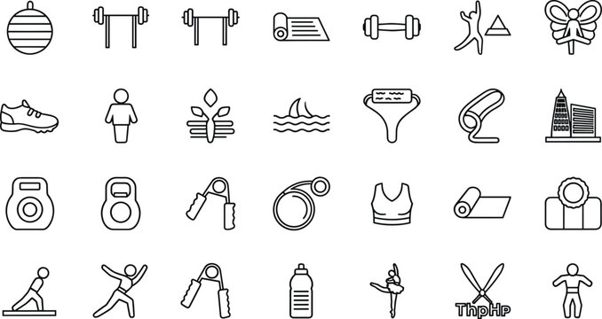 Fitness and gym workout line icons set with dumbbell barbell kettlebell yoga mat sneaker water bottle and athletic training symbols for wellness app interface.