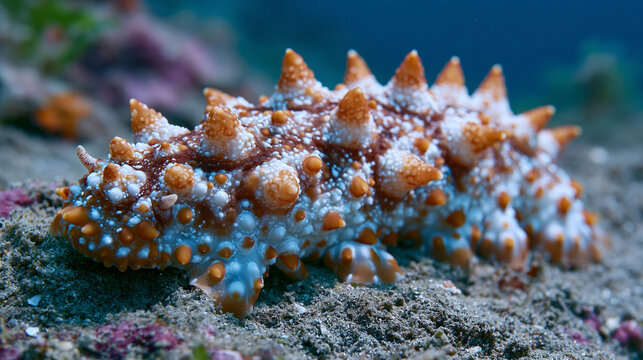 Sea cucumber holothurian rests on silt-covered deep reef floor, leathery body wall ossicles and tube foot ambulacral groove texture documented in scientific specimen study, overcast diffuse lighting