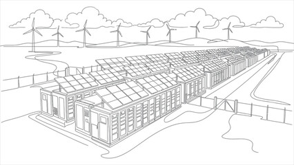 Fototapeta premium The Sustainable Farm Minimalist Solar, Wind, and Storage Outline