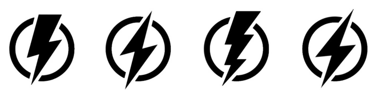 Set of four lightning bolt icons in circles, simple black power symbols
