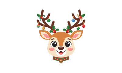 Fototapeta premium Cute Christmas Deer Face Cartoon Vector Illustration Isolated on White Background
