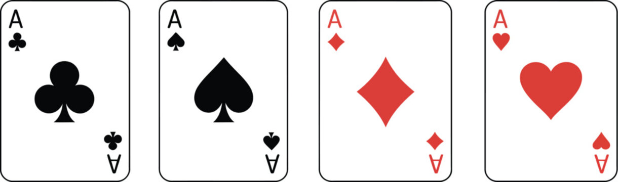Playing card, symbols vector set, ace of spades hearts clubs and diamonds icons for casino branding mobile gaming interfaces and gambling design elements.