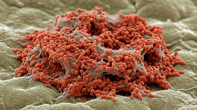 Microscopic view of a bacterial colony on a biological surface