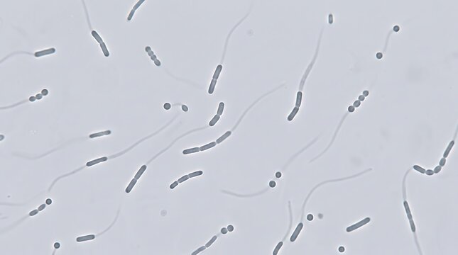 Microscopic view of bacterial cells swimming with flagella