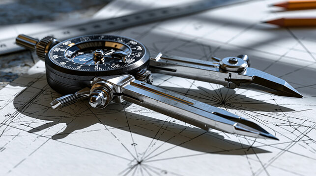 Technical drawing compass with steel point resting on architectural vellum tracing paper, the divider arms spread at acute angle casting precise shadow geometry on the drafting surface, geometry ins