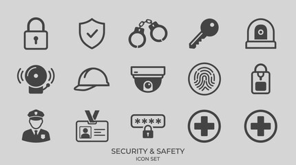 Fototapeta premium Security and safety icons illustrate icons displayed on a gray background.