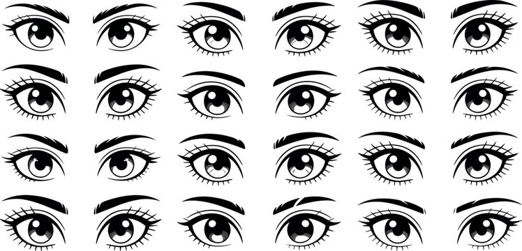 Anime and manga style eyes vector icon set featuring various expressive female cartoon comic eye expressions