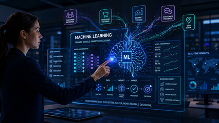 Fototapeta premium Business professional analyzes machine learning data on futuristic digital screen