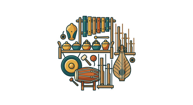 Assorted Indonesian musical instruments including angklung and sasando.
