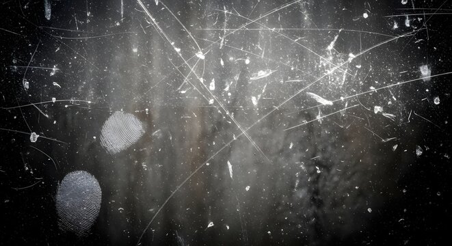 Grungy dark surface with visible scratches and human fingerprint marks.