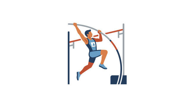 Athlete performing pole vault jump over high bar.