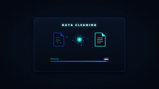 Data cleaning process animation: digital file optimization and information processing ui