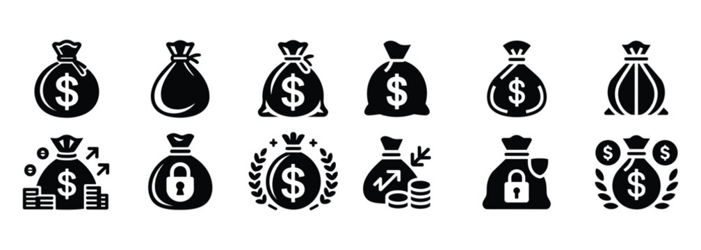 Collection of illustrative money bag icons representing financial concepts and security measures