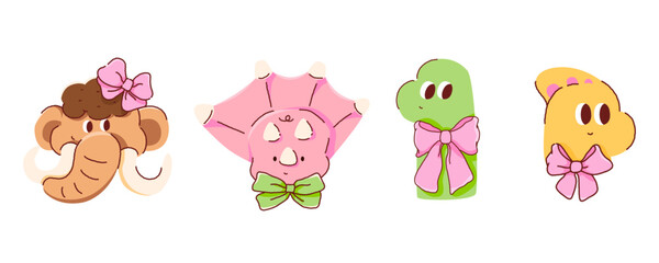 Cute prehistoric animals cartoon characters set, mammoth and dinosaurs with pink bows, hand-drawn vector illustration. © Nattapol