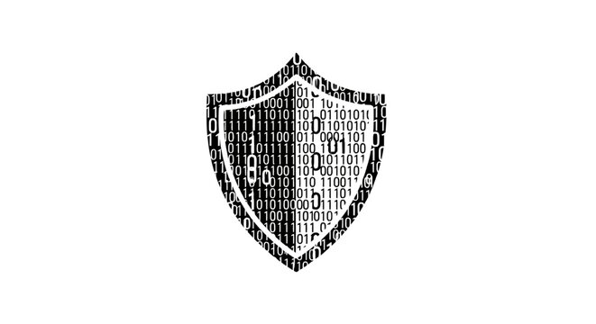 Security shield composed of binary digital code patterns.