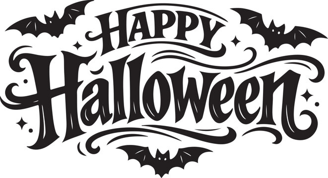 Happy halloween lettering design with black flying bats for festive holiday card