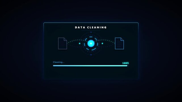 Data cleaning process hud animation: digital information processing and file optimization