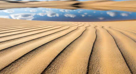 Naklejka premium Desert landscape with sand dunes and reflective water under a blue sky
