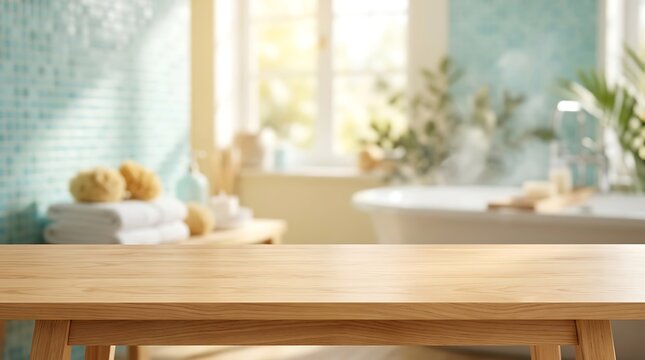 Wooden table empty surface with blurred bright bathroom interior background for spa product display mockup template.