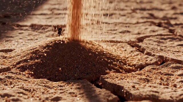 Reddish-brown sand pouring onto dry cracked earth surface forming a small mound.