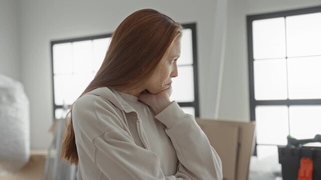 Woman with hand on cheek beside stacked moving boxes, bubblewrap and clothing rack near bright windows in building; worry relocation uncertainty.