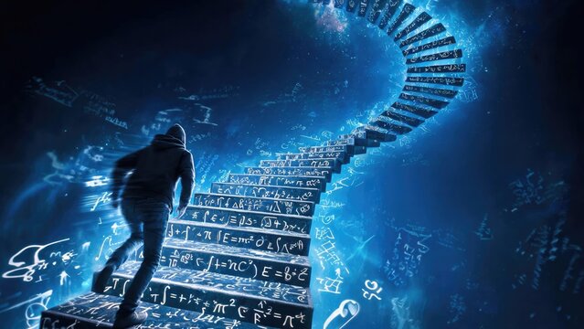 Continuous learning meets career growth as a determined professional climbs a glowing staircase of mathematical formulas toward innovation and expertise.