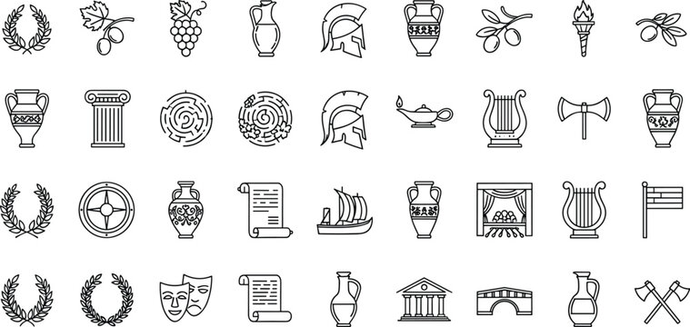 Ancient Greece history and mythology line icons set with Spartan helmet amphora columns laurel wreath lyre temple theater masks olives vector design