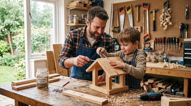 Father and son building a wooden birdhouse together in a workshop with tools and wood scraps on the workbench