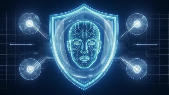 Glowing blue digital shield AI face holography for advanced cybersecurity, robust data protection, secure technology
