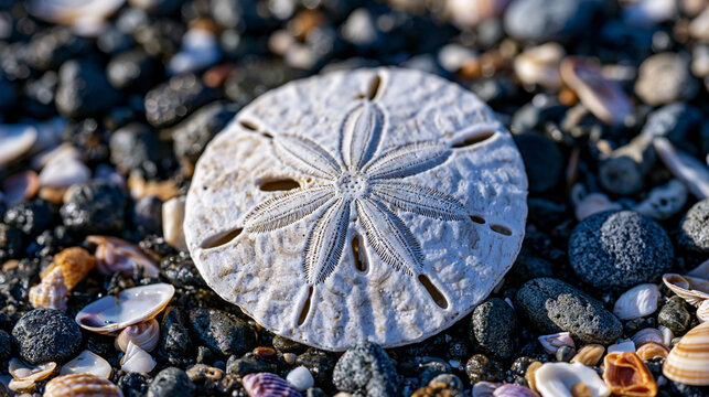 Bleached sand dollar test lying on coarse shell hash substrate, echinoderm fossil-like form displaying bilateral symmetry, ambulacral petal pattern and madreporite detail visible under raking latera