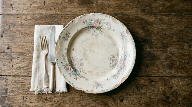 Vintage floral ceramic plate with antique silverware and linen napkin on a rustic dark wooden table for a classic dining setup