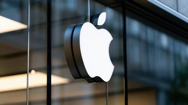 Illuminated apple logo on store window front