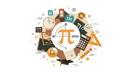 Fototapeta premium Mathematics and Science Education Concept Illustration with Pi Symbol, Calculator, Abacus, and Geometry Tools in Flat Design Style
